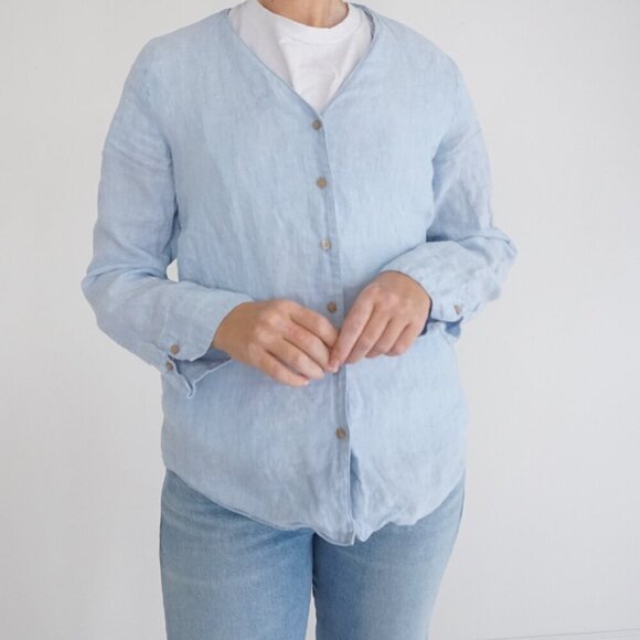 J.Jill Sky Blue 100% Linen Breathable Button Up Long Sleeve Shirt S - Picture 2 of 12